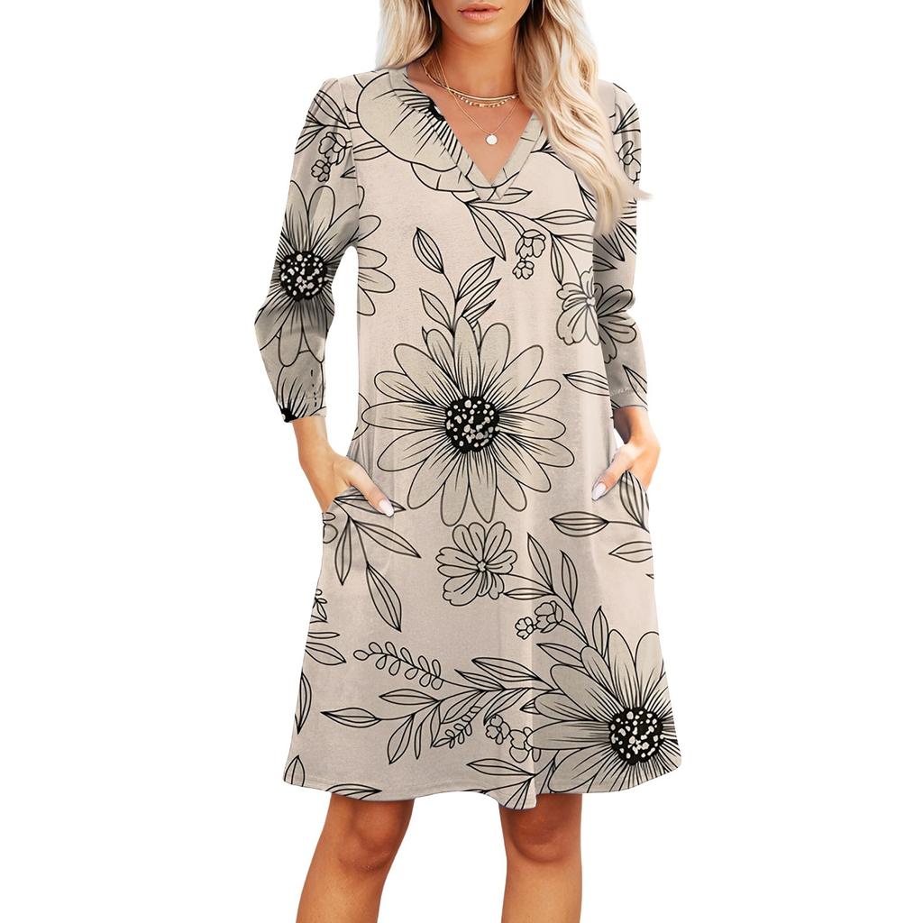 Women's Fashion V-neck Casual Beach Dress Three-quarter Sleeves Floral Print Dress