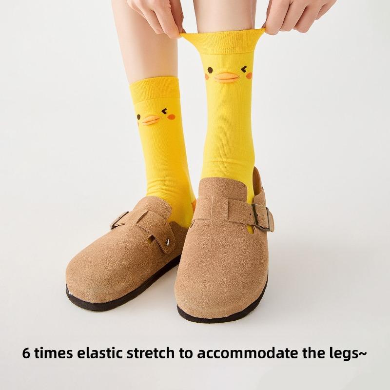 Cute Cartoon Yellow Duck Girls' Mid-length Summer/autumn Sports Odor-proof Sweat-absorbing Anime-style Yellow Long Stockings
