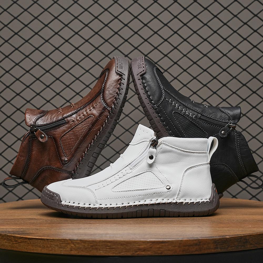 Men's Leather Ankle Boots Outdoor Casual Boots Casual Soft Sneakers Flat Lace-up Boots Handmade Large Size Mens Shoes Botines