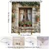 Rustic Window Shower Curtain - Dark Wood Frame & White Floral Design, Polyester, 12 Hooks, Natural Style Bathroom Decor