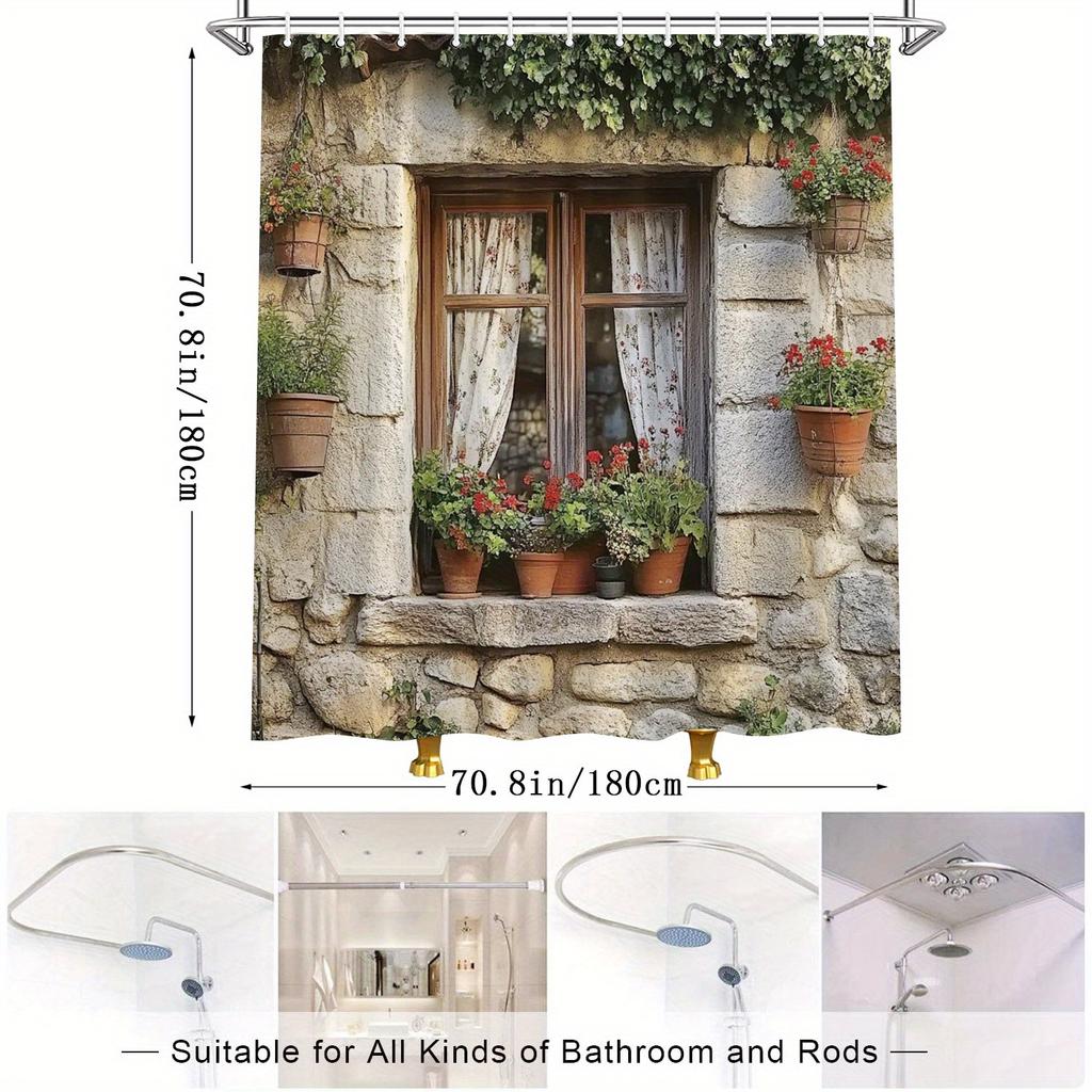 Rustic Window Shower Curtain - Dark Wood Frame & White Floral Design, Polyester, 12 Hooks, Natural Style Bathroom Decor
