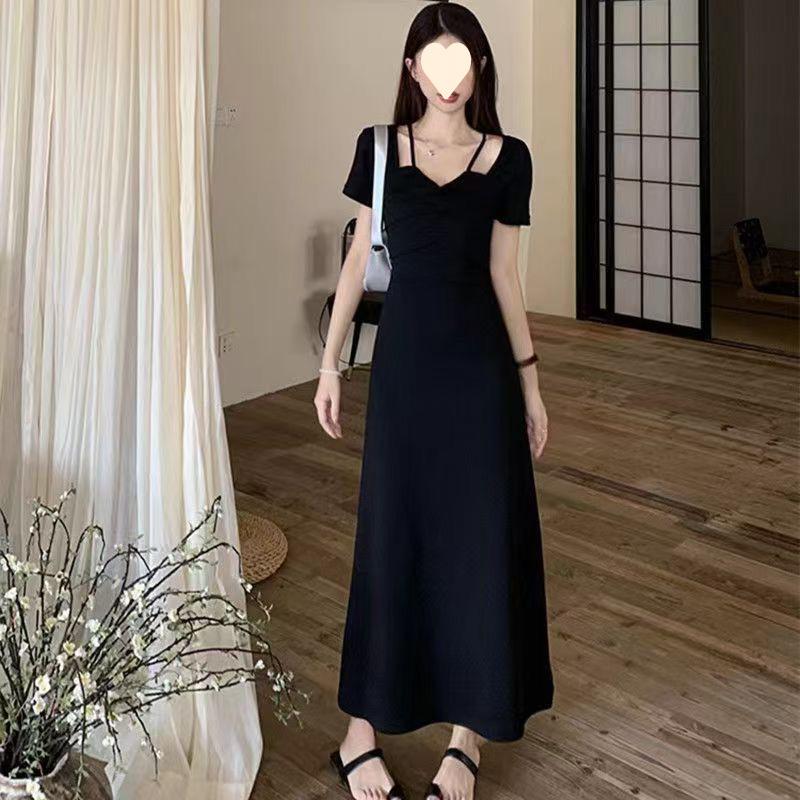 Neck skirt large size women's clothing summer thin temperament niche design dress black long dress