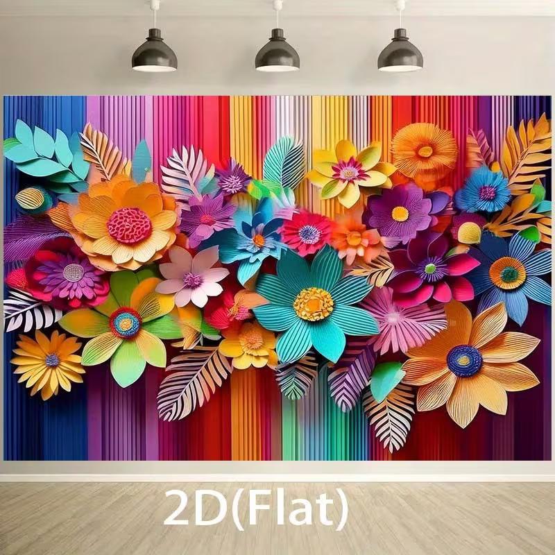 2D Colorful Paper Flower Backdrop with Rainbow Stripes Background Cloth