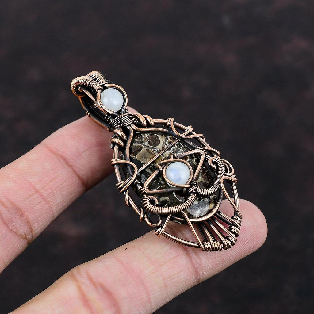 Evil Eye Turritella Agate Gemstone Pendant Copper Wire Wrapped Pendant Rainbow Moonstone Pendant Handmade Copper Jewelry Gift For Engagement