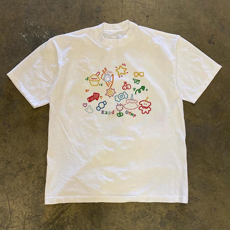 Pure Cotton Double Thread Loose Fit Short Sleeve Tshirt Retro American Style For Couples Unisex Unisex Casual Round Neck Tee