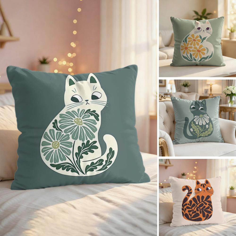 Boho Cats Art Cushion Cover Natural Linen Organic Fabric DoubleSided Printing Couch Pillow Covers Home Decor