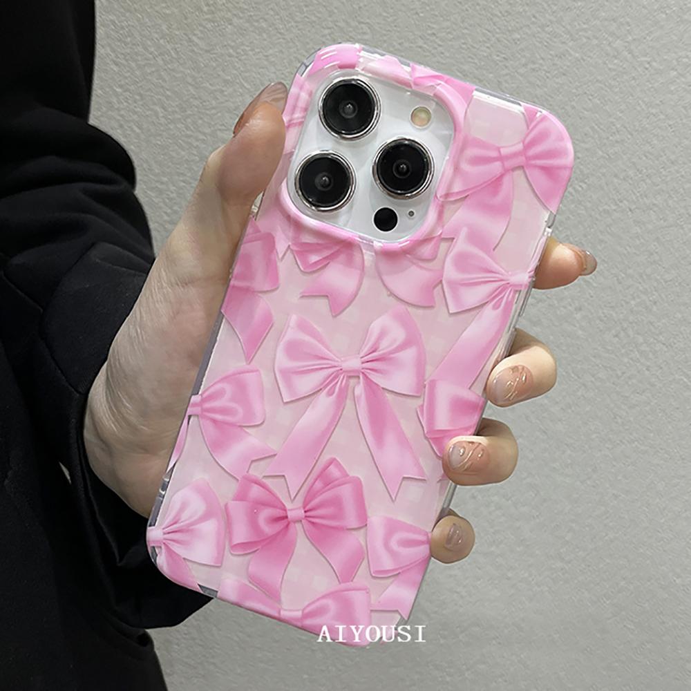 Süße Vollbild-Handyhülle mit rosa Schleifen für iPhone 13 15 14 16 Pro Max Stoßfeste Schutzhülle Niedliche Hülle für iPhone 17 ProMax