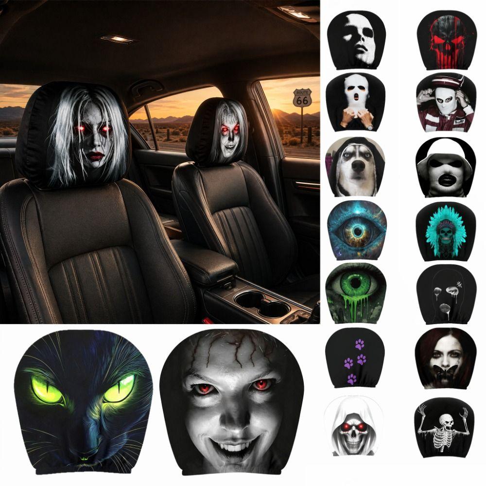 2 Pcs 2D Stretch Car Headrest Covers Ghost Neck Pillowcase Car Interior Decor  All Seasons