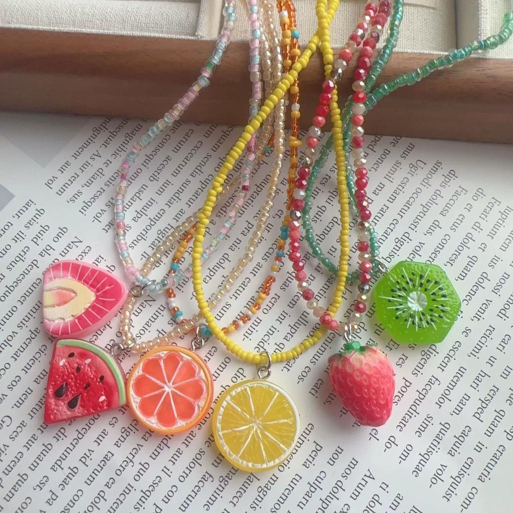 Fashion Sweet Y2K Cute Resin Colorful Strawberry Watermelon Lemon Fruits Pendant Bead Necklace for Women Summer Jewelry Gifts