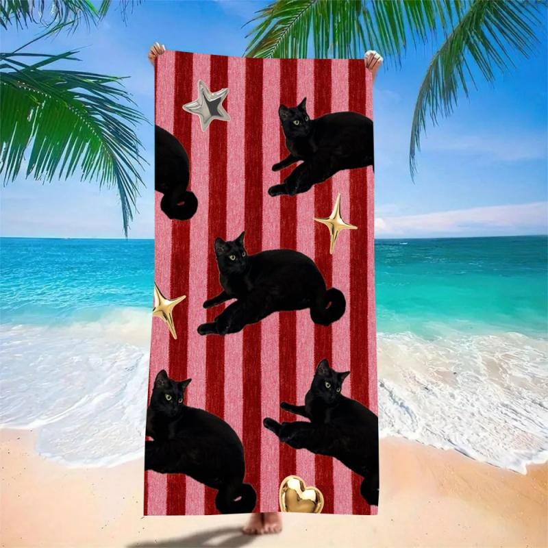 Funny Black Cat Beach Towel Super Absorbent Quick Dry Microfiber Bath Blanket Retro Red Stripes for Picnic & Seaside Relaxation