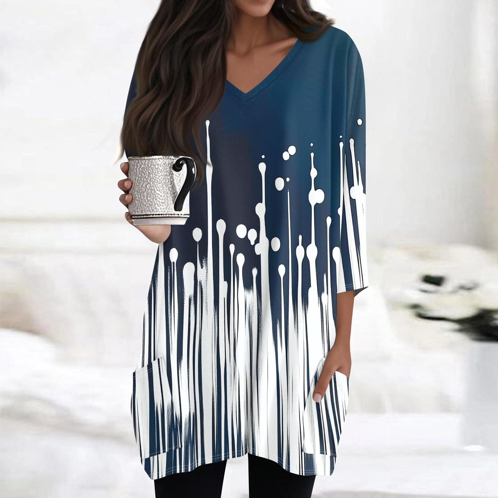 

Жіночі топи з V-подібним вирізом і рукавами 3/4 Блузки Повсякденні сорочки середньої довжини Модні туніки з принтом і кишенями L