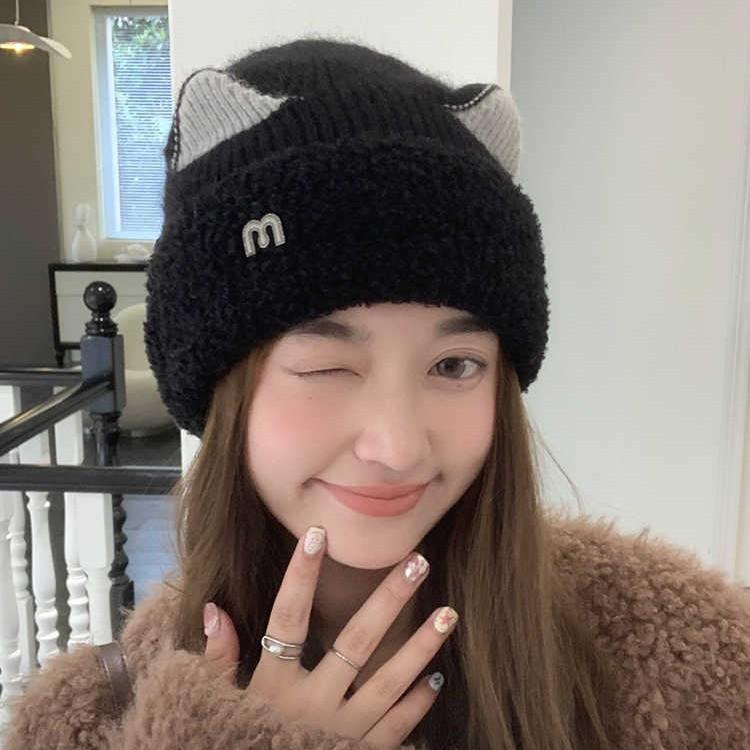 Autumn and Winter Hat for Women Sweet and Cute M-label Cat Ear Plush Hat  Versatile Cold Proof Pullover Hat  Outdoor Knit Hat