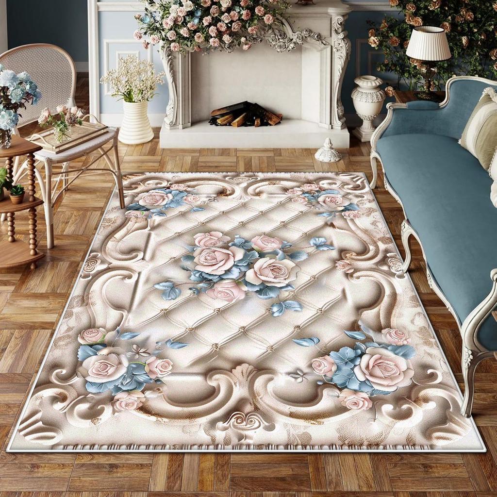 Europäischer Stil Rutschfest Großer Wohnzimmerteppich Blumendesign Raumdekoration Ästhetischer Schlafzimmerteppich Schminktischmatte Waschbar