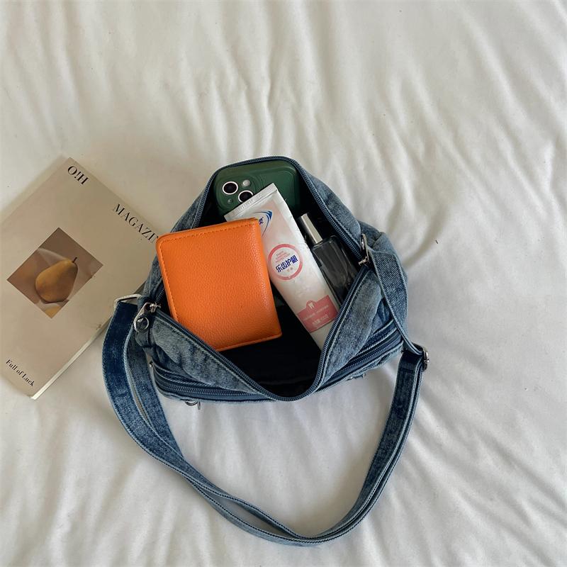 Washed Denim Crossbody Bag with Front Zipper Pocket and Decorative Chain Detail Casual Shoulder Purse for Women Daily