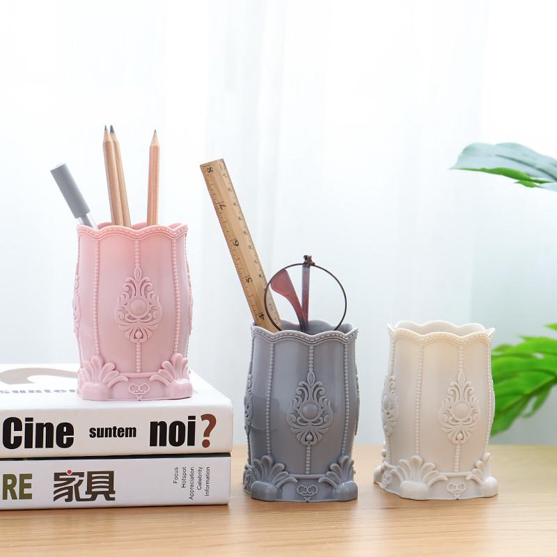 Pencil Holder Organizer Plastic Cosmetic Makeup Brush Desktop Pen Holder Stand Jewelry Storage Box White Pink Pen Pot Stationery