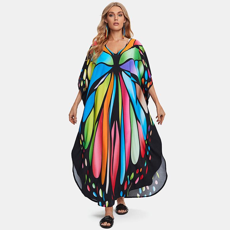 

2026 European & American Plus Size Cotton Print Beach Cover-up Dress for Women One Size