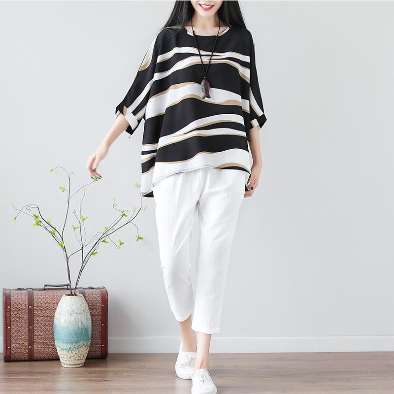 Women's Casual O-neck Half Sleeve Loose Summer Print Striped T-shirt Short Sleeve