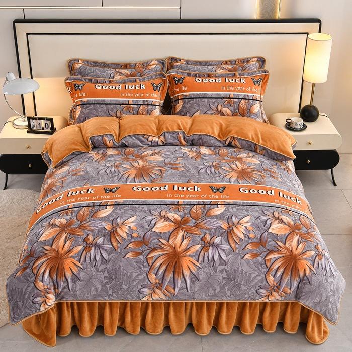 Thickened Milk Fleece Four-Piece Warm Double-Sided Coral Fleece Quilt Cover Flannel Sheet Bed Skirt Bedding