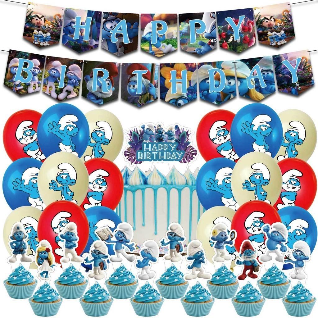 Blue Children Birthday Party Decoration Set Paper Flag Cartoon Cake Insert Balloon
