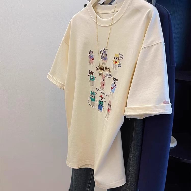 Apricot Embroidered Puppy Korean Style Women's Loose Short-Sleeve T-Shirt