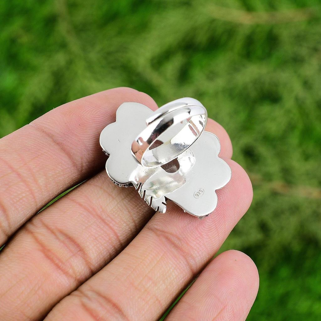 Pietra di Luna Naturale Gemma Dichiarazione Fiore Anello Bianco Regolabile Argento 925