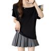 Korean casual diagonal neck, off-shoulder two-piece short-sleeve T-shirt for women, spring/summer new Korean base layer