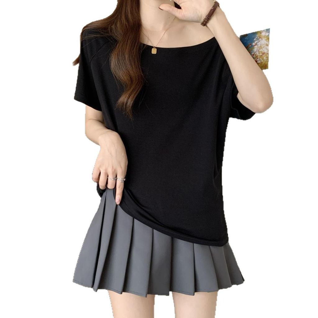 Korean casual diagonal neck, off-shoulder two-piece short-sleeve T-shirt for women, spring/summer new Korean base layer