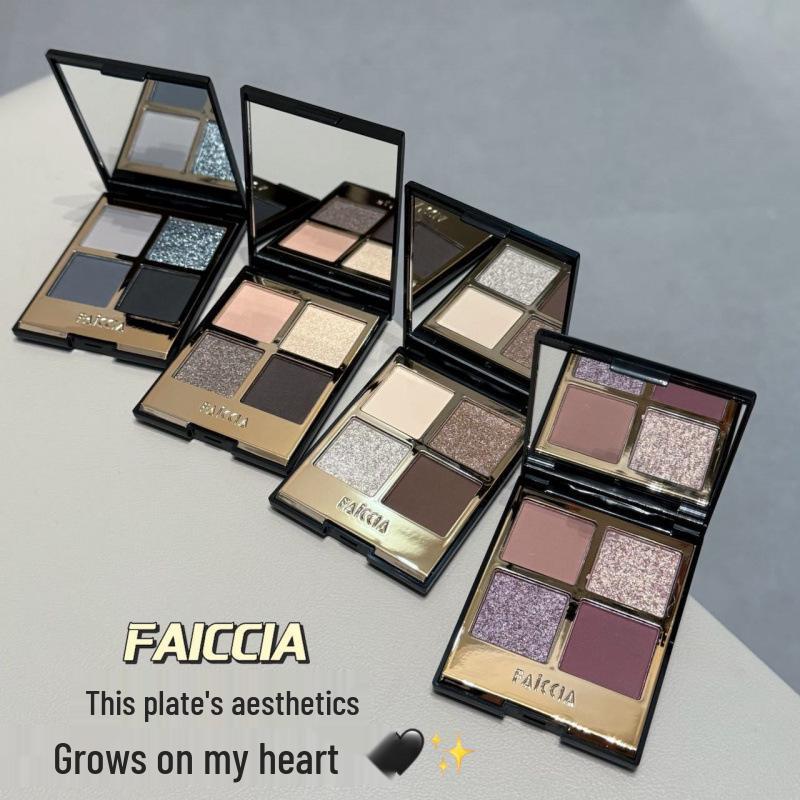FAICCIA Fei Xi Mojito Four-Color Eyeshadow: Brown Earth Tone, Smoky Matte, Shimmer, Blue System.