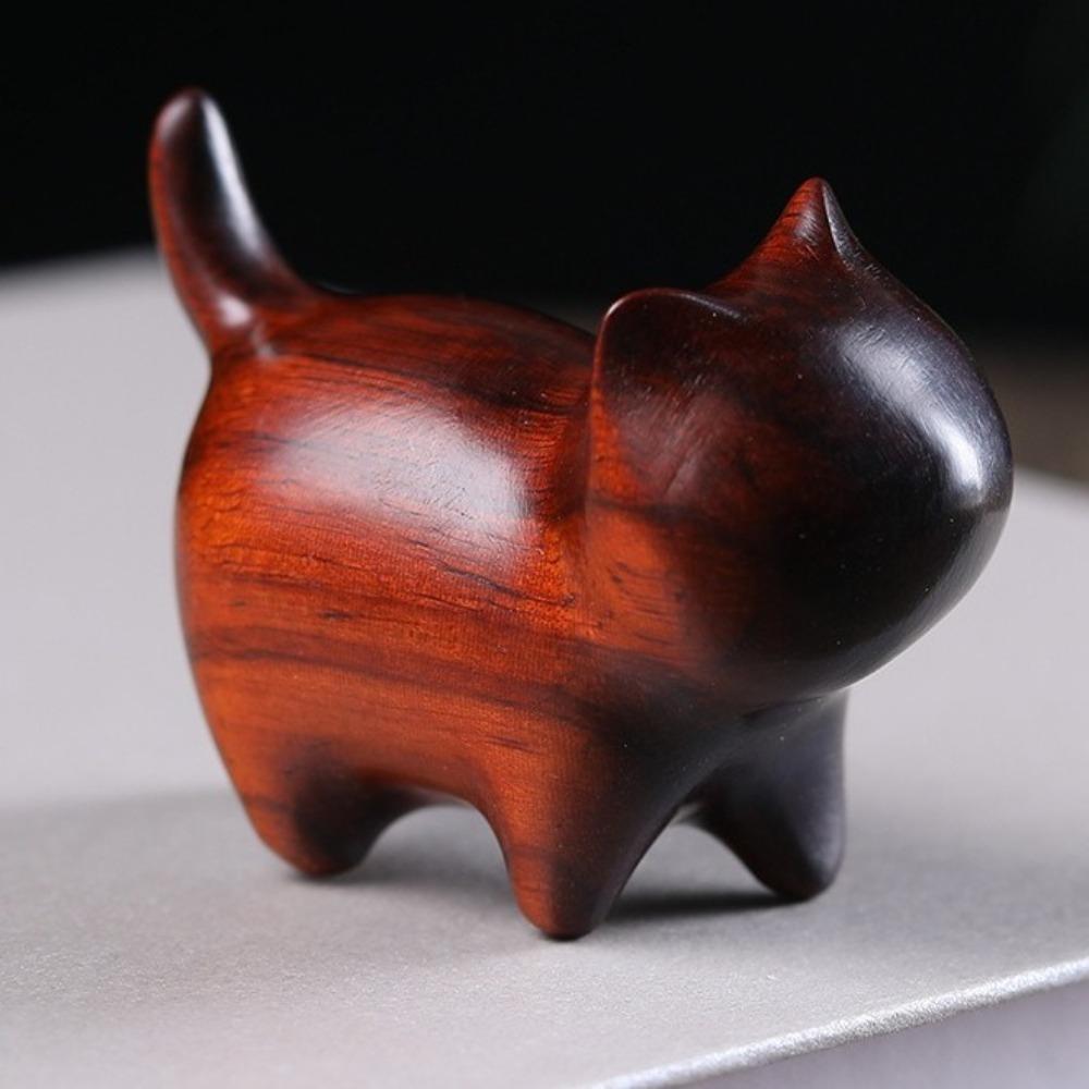 

Natural Texture Wooden Cat Figurine Handmade Lucky Cat Ornament Creative Cat Ornament Gift Brown No Bell