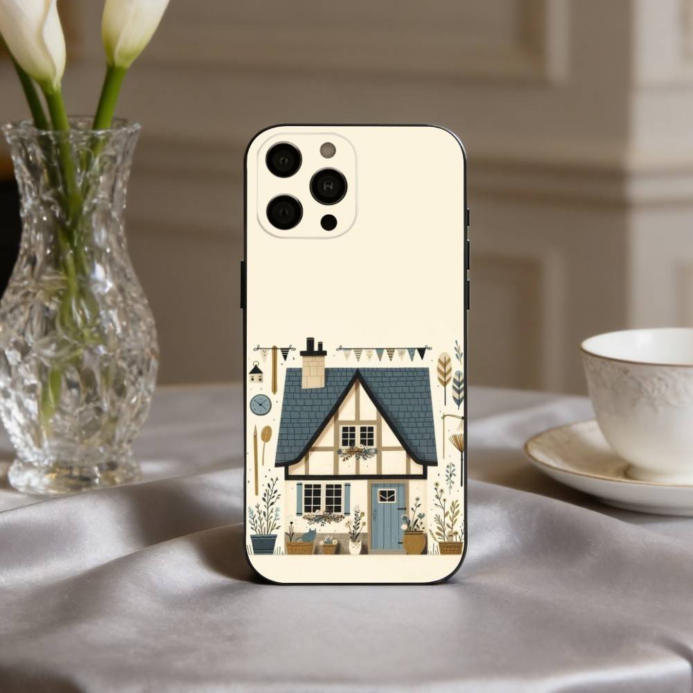 Cute Hand-painted Small House Cartoon Phone Case For iPhone 17,16,15,14,13,12,11 Plus,Pro Max,XS,Soft Silicone Black Cover