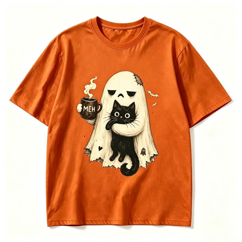 Ghost Black Cat Coffee T Shirt Vintage Retro Red Moon Bat Graphic Tee Halloween Unisex Casual Short Sleeve Pumpkin Season Tops