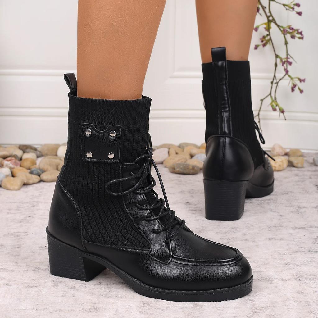 Fashion Vintage Metal Rivet Decoration Lace Up Ankle Boots Women 2025 Winter Round Toe Medium Heel Elastic Boots Elegant Solid Pu Shoes