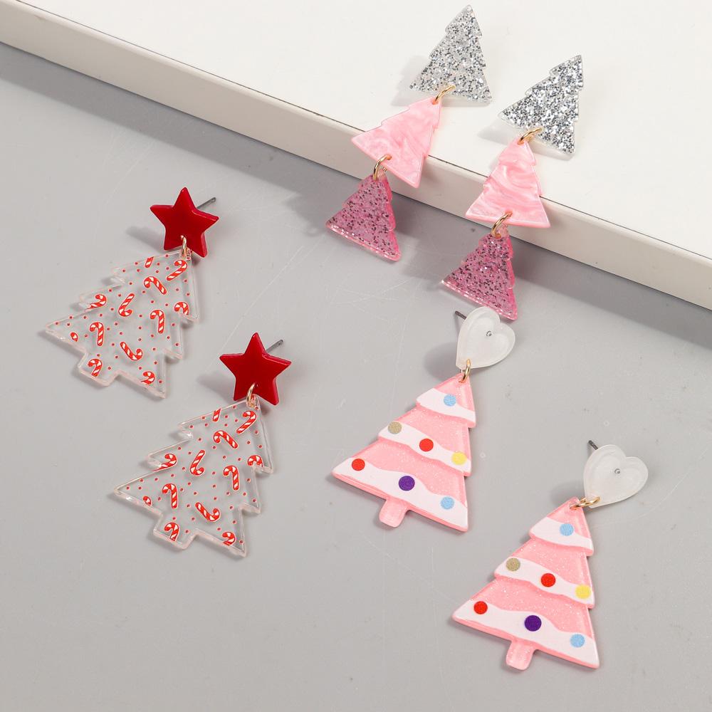 New Glitter Pink Christmas Tree Acrylic Earrings for Women Girls Cute Sweet 3-Tree Long Dangle Earring Party Jewelry Gifts