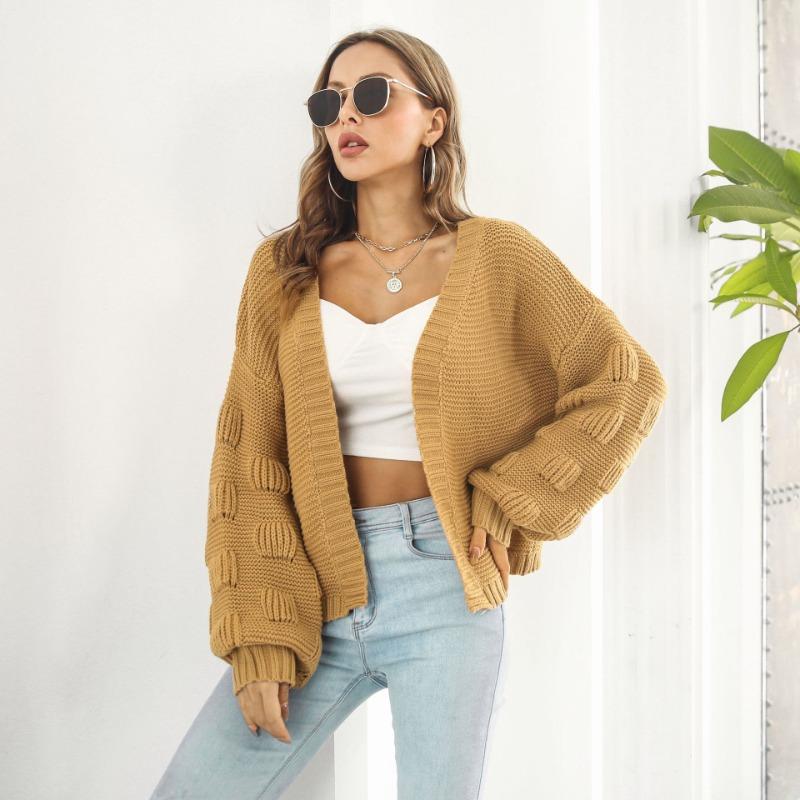 Three-dimensional Bubble Lantern Sleeve Loose Knitted Cardigan Women's Autumn and Winter  Sweater