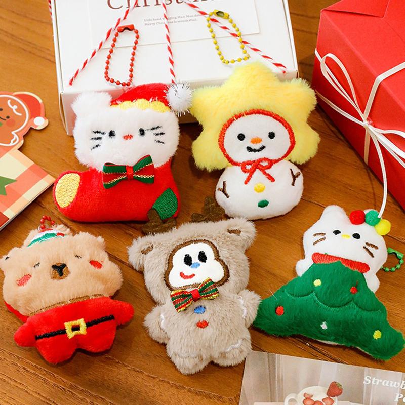 Cute Kitty Plush Keychain Christmas Tree Shaped Cartoon Plush Doll Backpack Hanging Chain Detachable Keychain Christmas Kid Gift