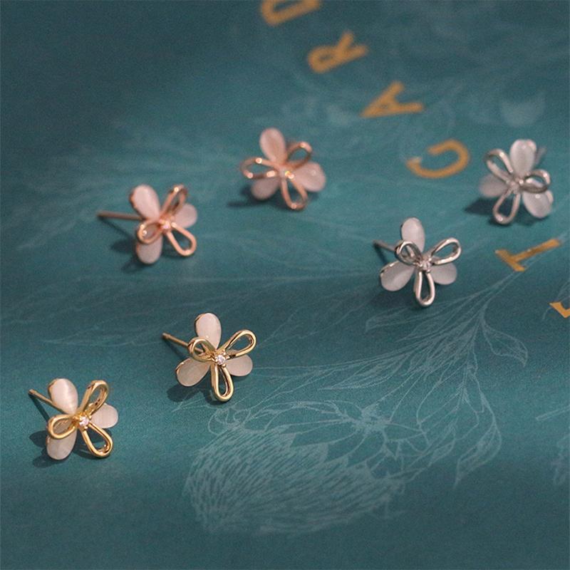 Cat'S Eye Stone Petal Earrings, Fashion Stud Earrings For Women Elegant Daily Wear Jewelry Gift