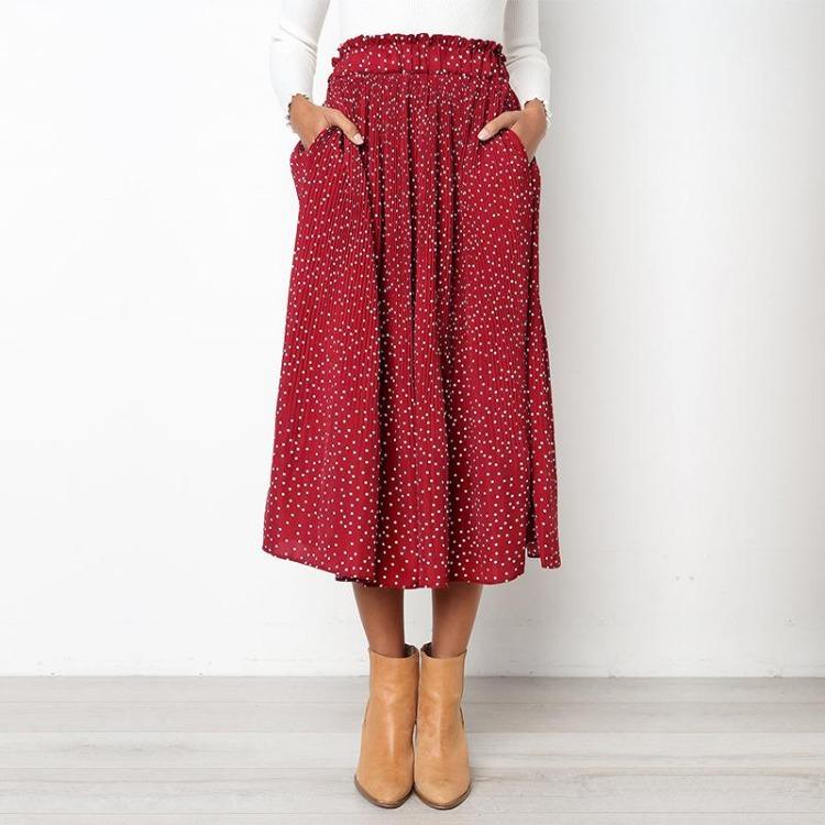 

Women Elastic Waist High Waist Linen Pleated Skirt Polka Dot Mid Calf Casual Skirt Spring Summer Autumn Black Brown Green Red S XL L