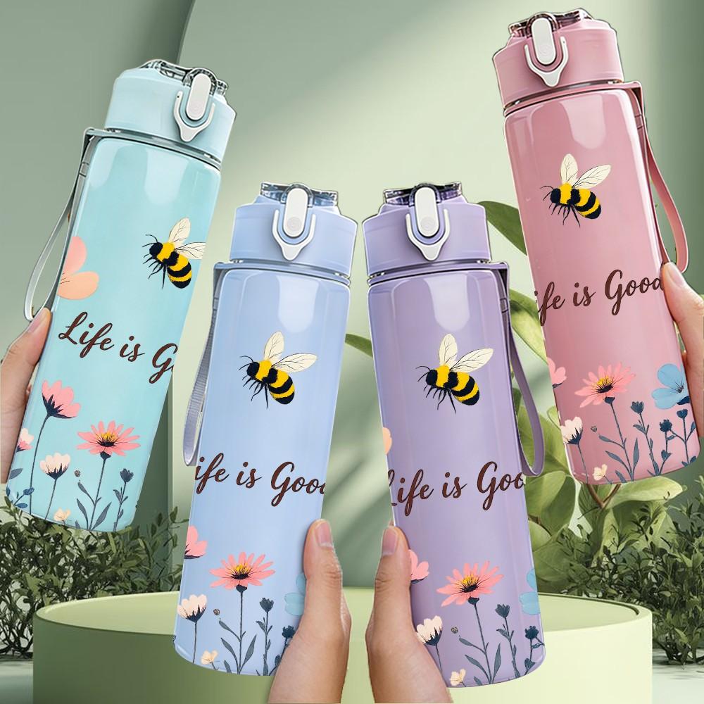 1PC Bee Daisy Flower 750ml Color Plastic Sports Water Bottle Leakproof Flip Straw Lid Suitable for Sports Office Home Use