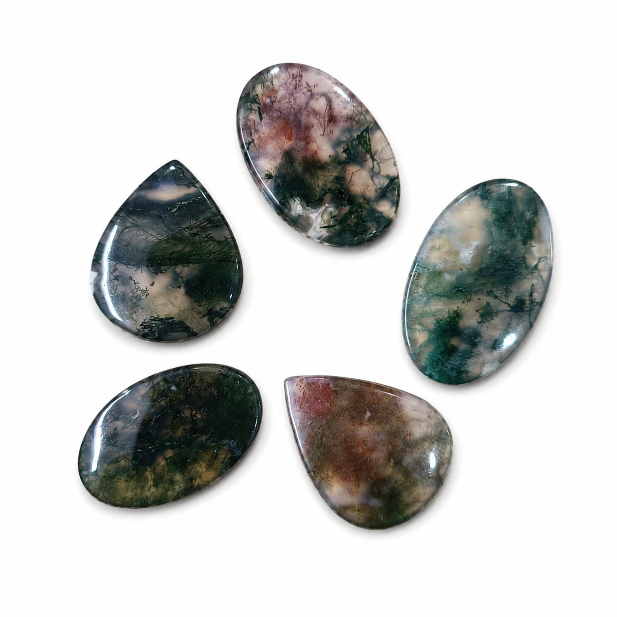 Natural Moss Agate Cabochon Set, Dendritic Moss Agate Loose Gemstones, Mixed Shape Moss Agate Cabochons for Jewelry Making, 5 Piece Gemstone Set зелёный