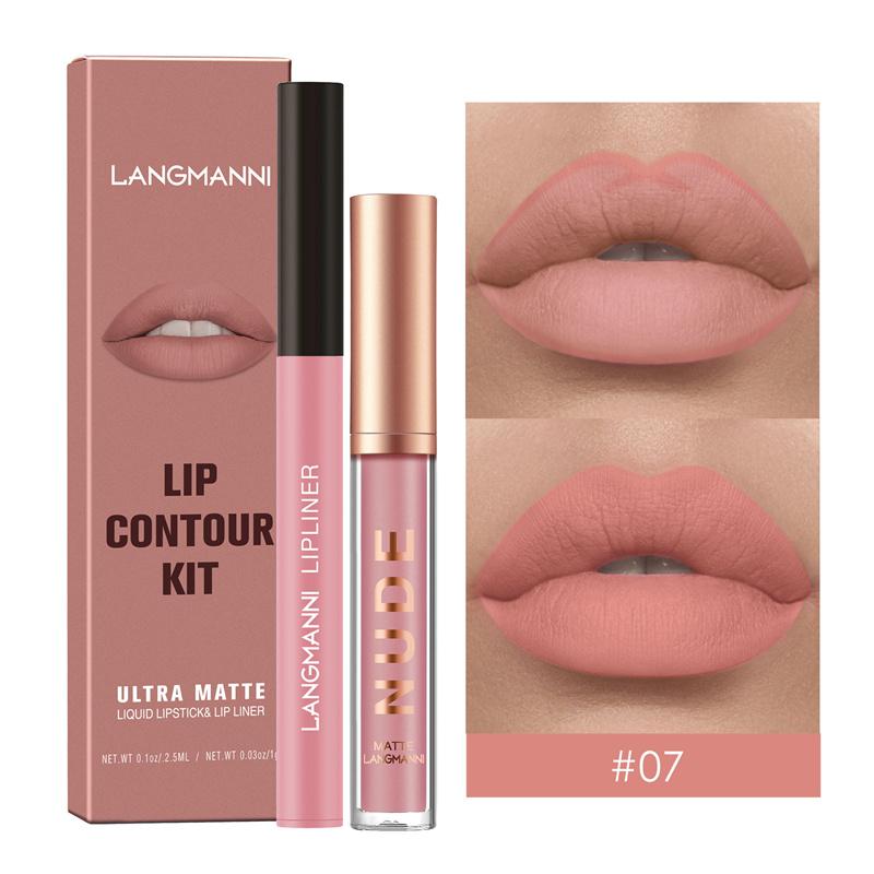 2-teilige Kombination aus Lippenkonturenstift und Lipgloss, wasserfest, langanhaltend, samtig, nackt, sexy, nicht klebender, matter Lippenstift, Lippenkonturenstift