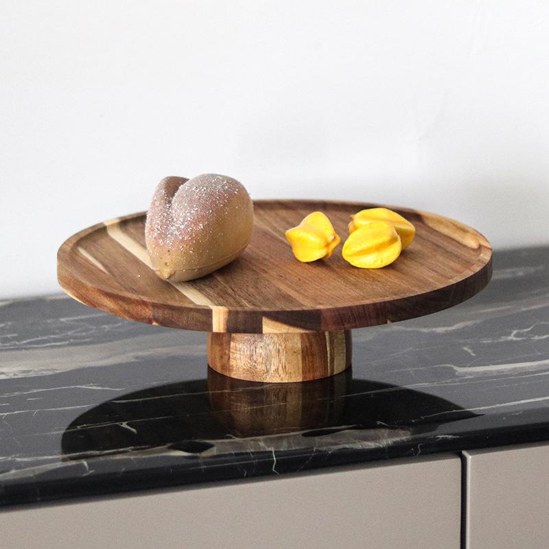 Solid Wood Fruit Bowl Tall Footed Food Cup Cakes Snack Plates Candy Dessert Circular Dinner Plate Kitchen Tableware Decor Dish