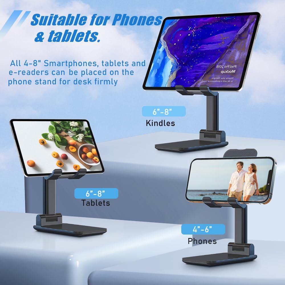 Phone Holder for Desk, MT-6 Cell Phone Stand for Desk Universal Cellphone Stand Holder Foldable & Height Adjustable Compatible Under 8” Device,