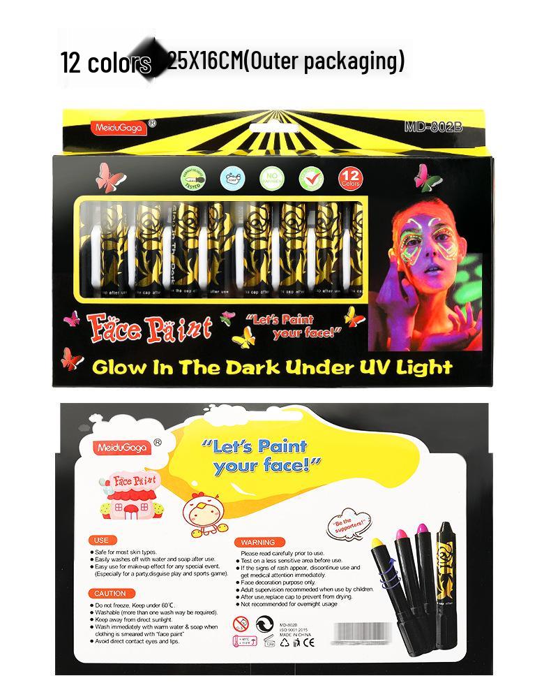Luminous 12-Color Twist-Up Face Paint Crayon Set for Clean Hands and Halloween Body Art