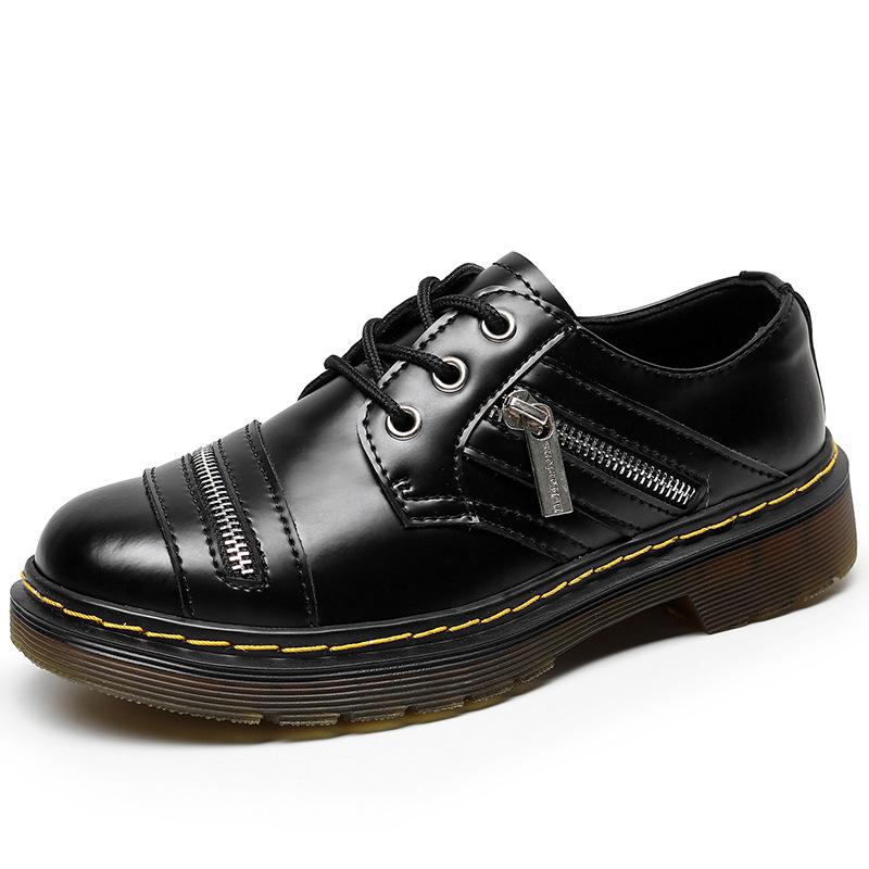 

British small leather shoes laceup women s fried street zipper shallow mouth lowtop genuine leather Martin temperament versatile single shoes 35 чёрный