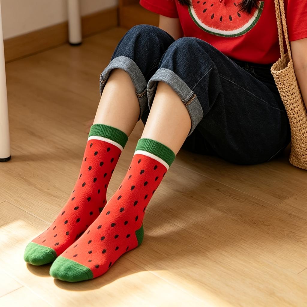 1 Pair Unisex Watermelon Style Socks, Fruit Pattern, Summer Versatile Style, Suitable As a Gift, Comfortable And Breathable
