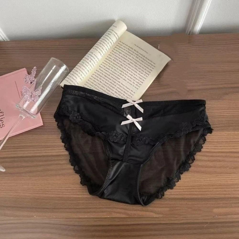 Bow Underwear for Women Transparent Mesh Lace Briefs Lingerie Lace Flower Panties  Lady