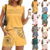 Women's Casual Fashion Crewneck Pleated Vintage Floral Print Shorts Set