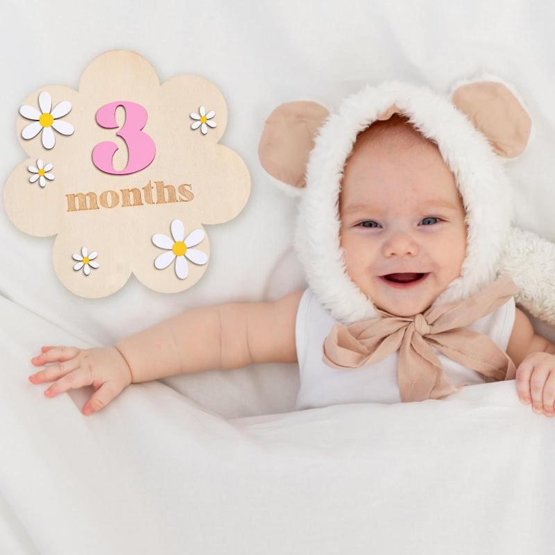 Dřevěné dětské měsíční milníkové karty Květiny Oboustranné Číslo Měsíc Dívky Chlapci Novorozenecké fotografické rekvizity Doplňky