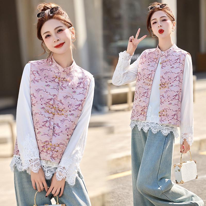 2025 Spring/Fall Women's Lace Shirt & Printed Vest Two-Piece Set