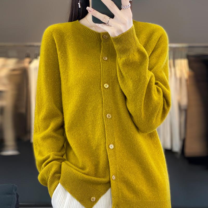 Autumn Women's Loose Fit Long Sleeve Pure Wool Cardigan Sweater